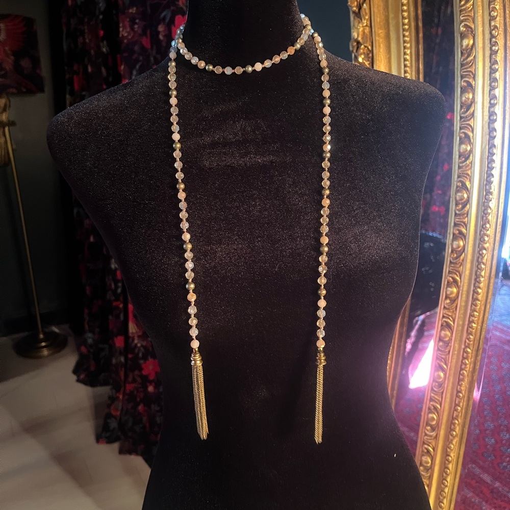 Vintage Style Gold and AB Beaded Tassel Lariat Necklace 42”